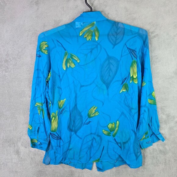 Womens Jessica Holbrook Blue 100% Silk Floral Blouse Long Sleeve Button Up S - Picture 4 of 7